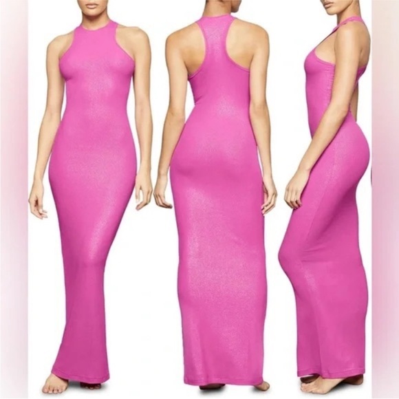 SKIMS Dresses & Skirts - SKIMS Pink Sleeveless Maxi Dress Shimmer Racerback